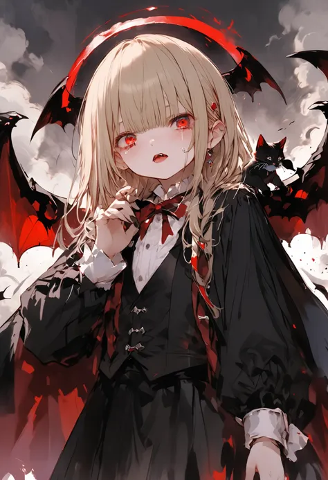 a timid elite vampire 、Ancestor Dracula、has the ability to destroy the world、but use abilities carefully、tears、cowboy shot、
He has top class abilities but is timid