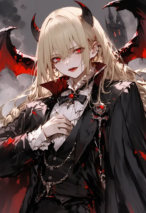 a timid elite vampire 、Ancestor Dracula、has the ability to destroy the world、but use abilities carefully、tears、cowboy shot、
He has top class abilities but is timid