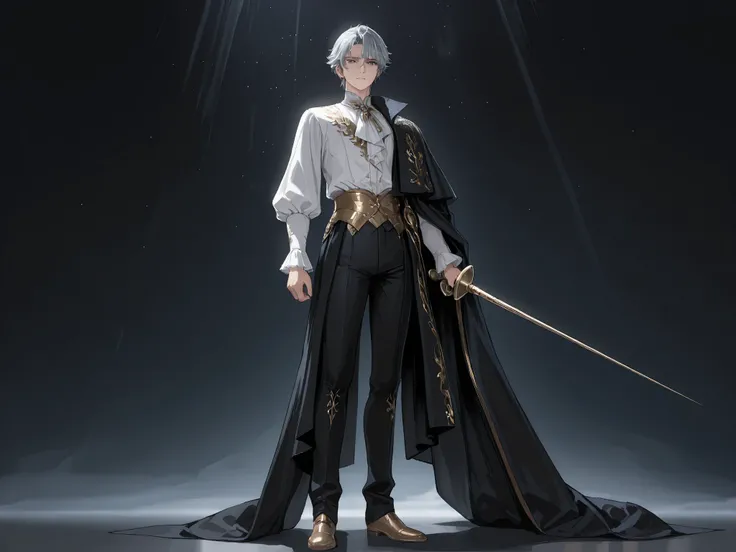 (Masterpiece, best quality, detailed anime illustration), full body shot, cinematic, atmospheric, profound intensity. A stern Italian Renaissance fencing master in his late 50s, with sharp features, a confident gaze, and silver-blond hair. He wears an eleg...