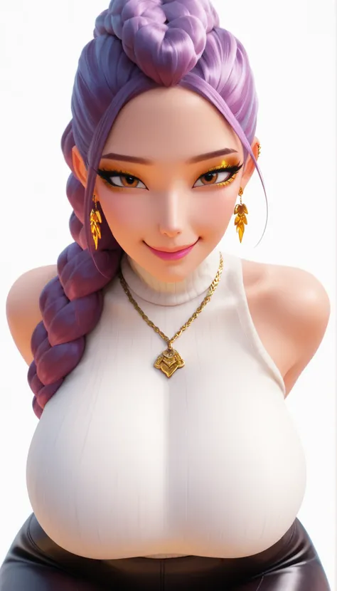 1girl, solo, (8k, ultra-high quality, detailed, high quality), beautiful girl, long black rice, Rumi (k-pop, demon hunters) Rum1KP0P, long hair, vibrant purple hair, braided hair, brown eyes, big anime eyes, golden eyeshadow, tall, 3d, arms behind back, dy...