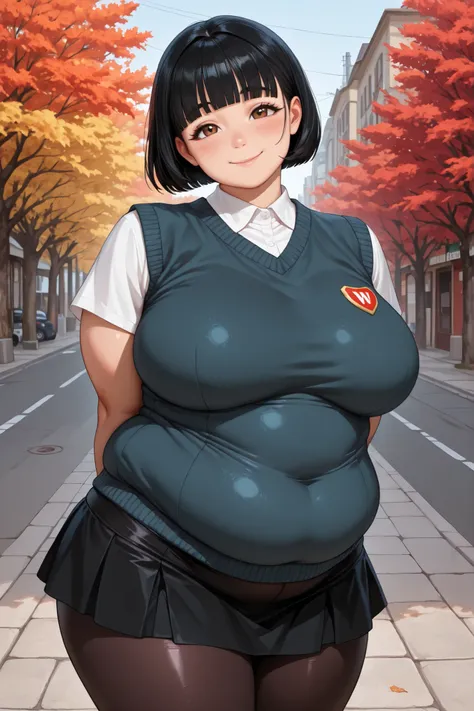 1girl, standing, arms behind back, tilt head, cowboy shot,
BREAK girl , 22yo, short hair, bob cut, ear, (blunt bangs), black hair, (I Love:1.2), detailed cute brown eyes, curled eyelashes, (large breasts:0.8),
beautiful eyes, beautiful face,
sweater vest,...