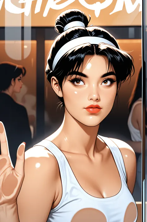 perfect face, black hair, top knot hair bun, (white headband), black eyebrows, thick eyebrows, black eyelashes, black eyeliners, light brown eyes, bright red lips, thick lips, beautiful woman, white tank top, (female asian, asian face), ((on glass)), (shin...