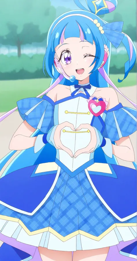 cure wink, kimi to idol precure, blue hair, magical girl, mini crown, purple eyes, blue dress, tilted headwear, very long hair, blunt bangs, bare shoulders, hairband, two-tone hair, purple hair, jewelry, idol clothes, idol, masterpiece, best quality, newes...