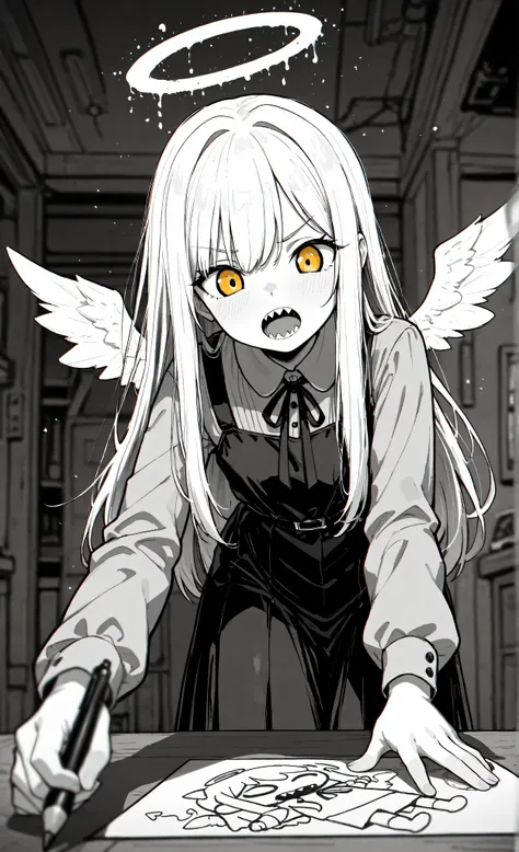 masterpiece, best quality,high quality, newest, highres, 8K, HDR, absurdres, halo, wings, long hair, sharp teeth, teeth, open mouth, dress, monochrome, 1girl, long sleeves, spot color, greyscale, drawing, kid_drawing, weirdcore, liminal_space, soft_glow, f...