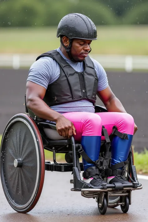 a 64 year old black man wearing a tight fitting thick armored black leather horse riding vest, sitting in a sportWC with thick vinyl straps attaching it to a horse, on a raceway, the man wears a thick blue and pink padded wheelchair harness, the man is swe...