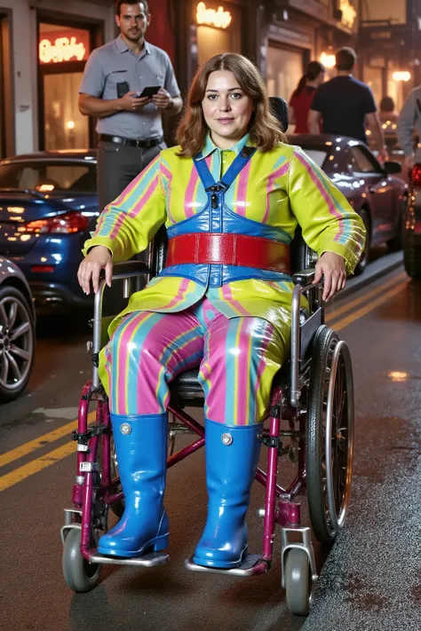 a 34 year old plus-size woman wearing a lime green and pink striped PVCbtntcoat25 with red belt, the woman is seated in a wheelchair, the woman wears a shiny blue wheelchair hip belt made of padded material, the woman wears a bright heavy thick vinyl red w...