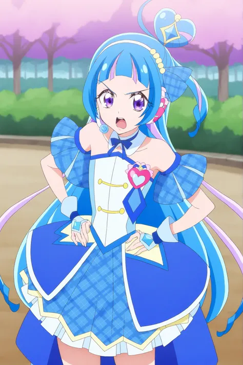 cure wink, kimi to idol precure, blue hair, magical girl, mini crown, purple eyes, blue dress, tilted headwear, very long hair, blunt bangs, bare shoulders, hairband, two-tone hair, purple hair, jewelry, idol clothes, idol, masterpiece, best quality, newes...