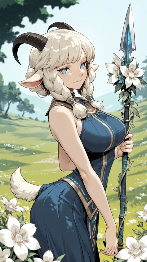 1girl, Nemora with a spear/(_Alina/), big breasts, thin waist, blue eyes, blue dress, Flower, Tail, horn, Sheep's ear, Pointy Nose, Gentle smile, Hold Your Spear, staring at the viewer, Outdoors, depth of field, Cyboy , masterpiece, Highest Quality, high ...
