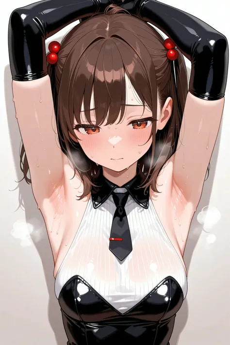 Girl wearing sexy sleeveless dress, arms up and she tie her hair, charmy armpit winkle, long gloves, armpit focus, sweat