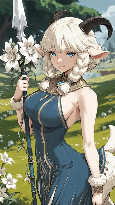 1girl, Nemora with a spear/(_Alina/), big breasts, thin waist, blue eyes, blue dress, Flower, Tail, horn, Sheep's ear, Pointy Nose, Gentle smile, Hold Your Spear, staring at the viewer, Outdoors, depth of field, Cyboy , masterpiece, Highest Quality, high ...
