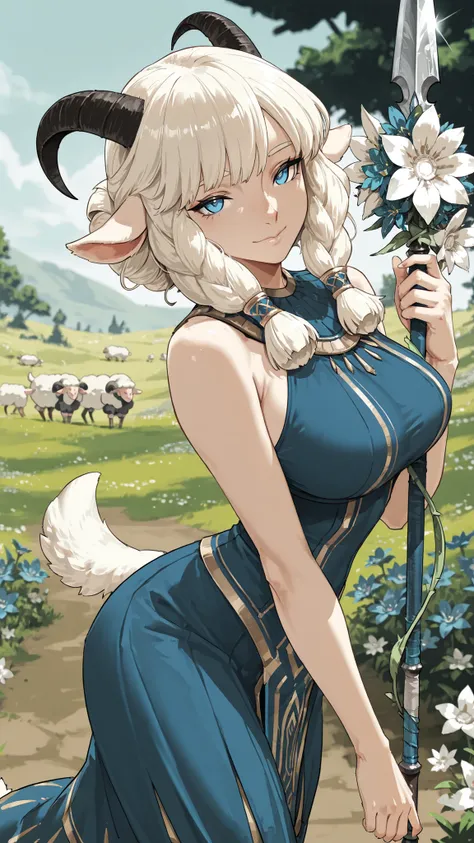 1girl, Nemora with a spear/(_Alina/), big breasts, thin waist, blue eyes, blue dress, Flower, Tail, horn, Sheep's ear, Pointy Nose, Gentle smile, Hold Your Spear, staring at the viewer, Outdoors, depth of field, Cyboy , masterpiece, Highest Quality, high ...