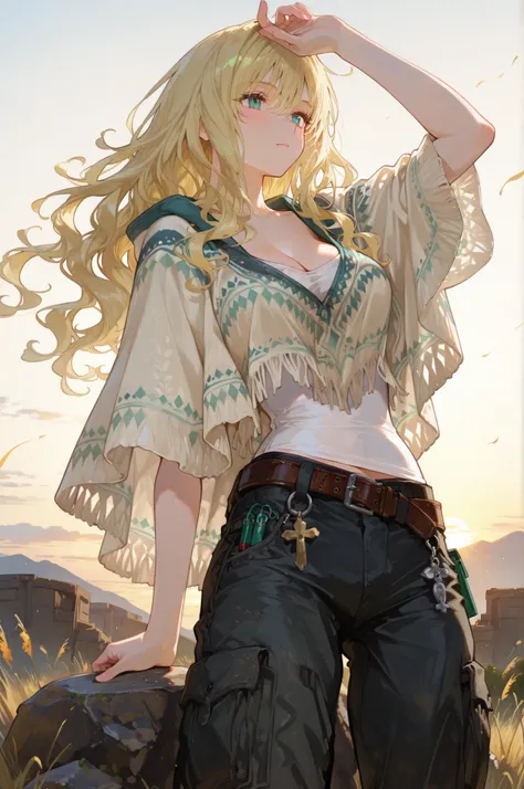 (masterpiece:1.5, ultra-detailed, in the style of Oh! Great, blonde-haired girl with long wavy hair, wearing cropped patterned poncho over fitted top, utility-style cargo pants, and belts with charms, standing confidently on rock, one arm raised, vivid war...