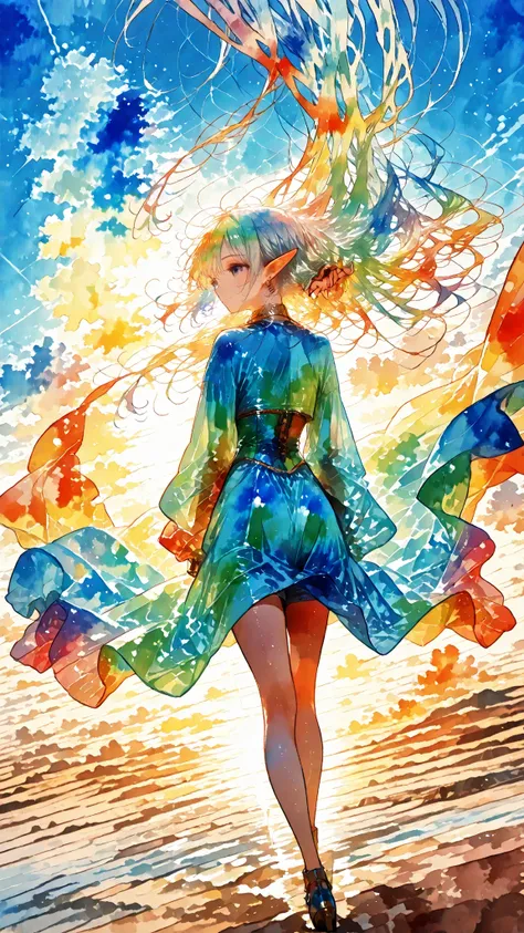 An elf gazes down from a high place at the beautiful valley below , Sunlight streams through the gaps in the clouds , cloudy sky, god_rays ,
1girl , solo , elf girl , silent smile , glancing to the side , tucking hair , dynamic pose ,
translucent cape, g...