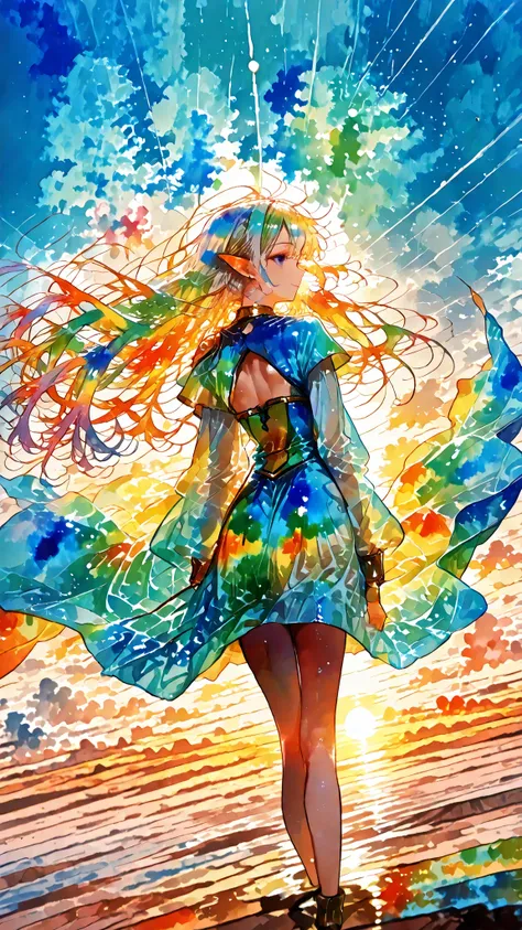 An elf gazes down from a high place at the beautiful valley below , Sunlight streams through the gaps in the clouds , cloudy sky, god_rays ,
1girl , solo , elf girl , silent smile , glancing to the side , tucking hair , dynamic pose ,
translucent cape, g...