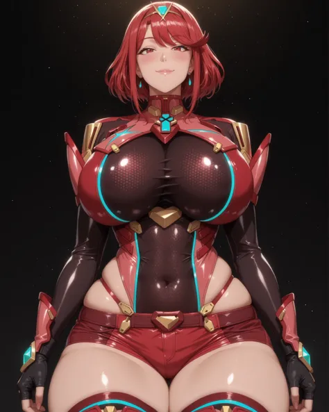 Masterpiece, ultra_highres, best_quality, MILF, mature_female, motherly, extra_thick_body, detailed_anime_style, perfect_proportions, soft_lighting, breasts, pyra_(xenoblade), red_hair, jewelry, earrings, red_eyes, thick_thighs, huge_breasts, gloves, solo,...