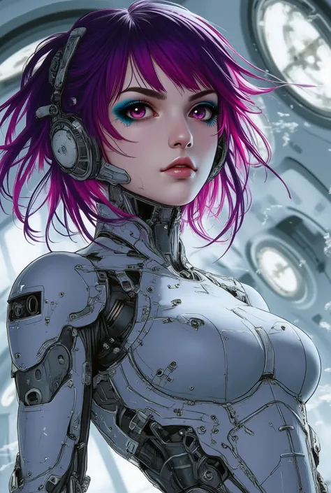 The image is a semi-vector style digital illustration featuring a beautiful cyborg woman with purple and magenta hair, her body is built from an unknown metal, indestructible and has a matte surface, in the background we see the inside of a futuristic spac...