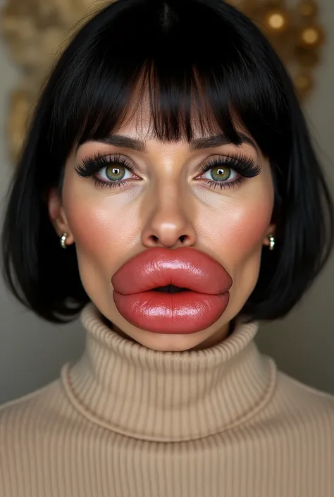Ultra realistic front view portrait of a mature Italian woman in her 60s, looking very posh and overdone, with short black hair styled with bangs, a small Italian nose, and exaggerated cosmetic enhancements. Her lips are extremely full, round, and glossy f...