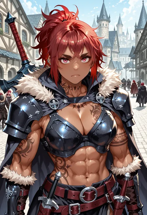score_9_up , score_8_up , score_7 , masterpiece, fantasy world, City with castles, 1girl, is watching viewers,(onna_tomodachi, brown skin, red hair ponytail hair, messy bangs,  big sword, Wear red and black leather armor, thick eyebrows, belt with dagger i...