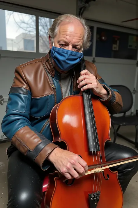 a 58 year old man with light brassy hair that is white in spots, wearing a blue and black striped latex surgical face mask, wearing a cafe racer jkt that is from the 1970s with brown shoulders and a blue body, the mans jacket has two red pockets, the man i...