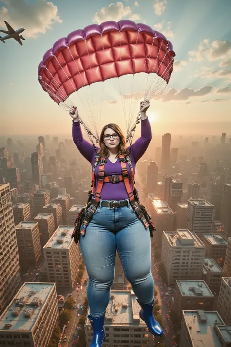 above a large downtown area with low rise buildings, an aircraft soars above a woman, the full-figured body woman is middle aged with light wrinkles of the skin, the woman wears a bright red leather construction safety harness that has heavy D rings on the...