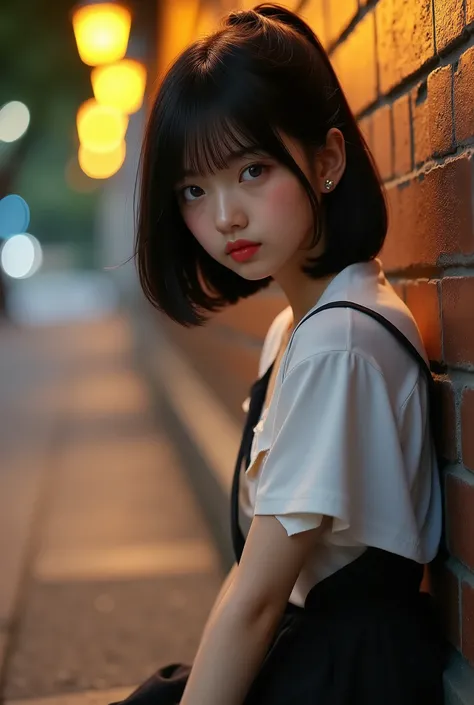 Under the dimly lit artistic street lights, (lampu jalan:2), a beautiful teenage girl sits curled leaning against the wall with solitude radiating from her expression, black hair low ponytail blown in the evening breeze, wearing a stylish modern school uni...