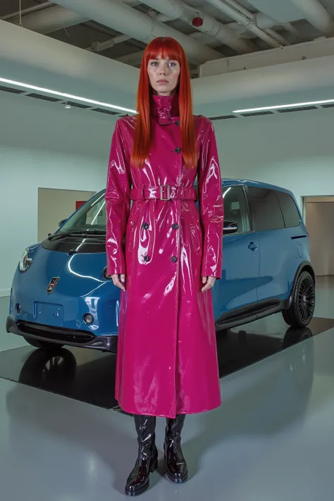a wide angle image of a woman in a vehicle showroom in a orbital space station, the space station is made of exquisite emerald and brass, the woman is wearing a pink shiny GothTrench vinyl trenchcoat with a wide red belt across her hips, the woman is weari...