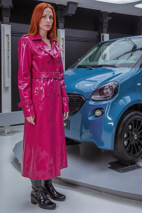 a wide angle image of a woman in a vehicle showroom in a orbital space station, the space station is made of exquisite emerald and brass, the woman is wearing a pink shiny GothTrench vinyl trenchcoat with a wide red belt across her hips, the woman is weari...