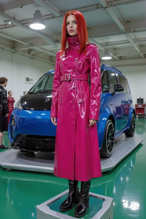a wide angle image of a woman in a vehicle showroom in a orbital space station, the space station is made of exquisite emerald and brass, the woman is wearing a pink shiny GothTrench vinyl trenchcoat with a wide red belt across her hips, the woman is weari...
