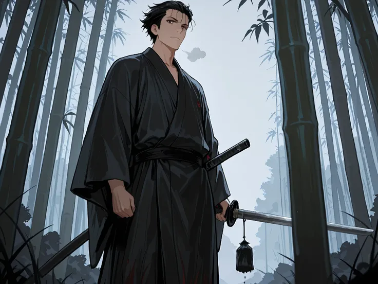 ((detailing)),(Masterpiece, best quality, detailed anime illustration), cinematic, atmospheric, Edo period Japan. Miyamoto Musashi, the Sword Saint, facing forward and looking directly at the viewer. A weathered man in his 40s with intense, focused eyes th...