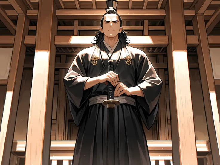 ((detailing)),(Masterpiece, best quality, detailed anime illustration), cinematic, portrait view. Izusa Matashiro Ienao, 8th Soke of Katori Shinto-ryu, standing completely facing the viewer, his face clearly visible with a calm, authoritative expression. H...