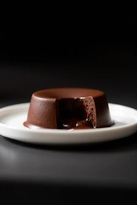 round chocolate fondant in a white plate on a black background