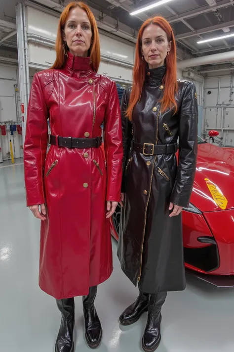 a wide angle image of a 54 year old 300 pound woman wearing a red and pink GothTrench with a black belt, the woman stands next to a 38 year old woman that is tall and thin with long red hair, the 38 year old wears a black red and yellow cafe racer jkt vint...
