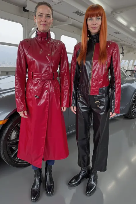 a wide angle image of a 54 year old 300 pound woman wearing a red and pink GothTrench with a black belt, the woman stands next to a 38 year old woman that is tall and thin with long red hair, the 38 year old wears a black red and yellow cafe racer jkt vint...