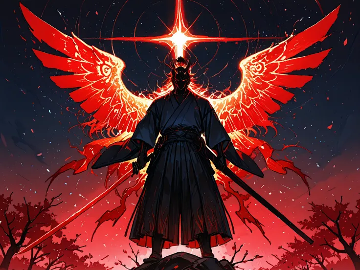 (Masterpiece, best quality, ultra detailed illustration), cinematic, dynamic composition. Sasaki Kojirō facing directly toward viewer, his face visible with confident expression. He wears magnificent traditional samurai attire — dark blue kimono with crims...