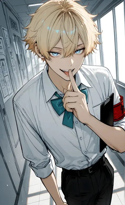 masterpiece, best quality, ultra-detailed:1.3, anime illustration, student council president, 1male, solo, young guy, late teens, short light blonde hair, striking blue eyes, sharp intense gaze, holding a clipboard, pointing authoritatively down the school...
