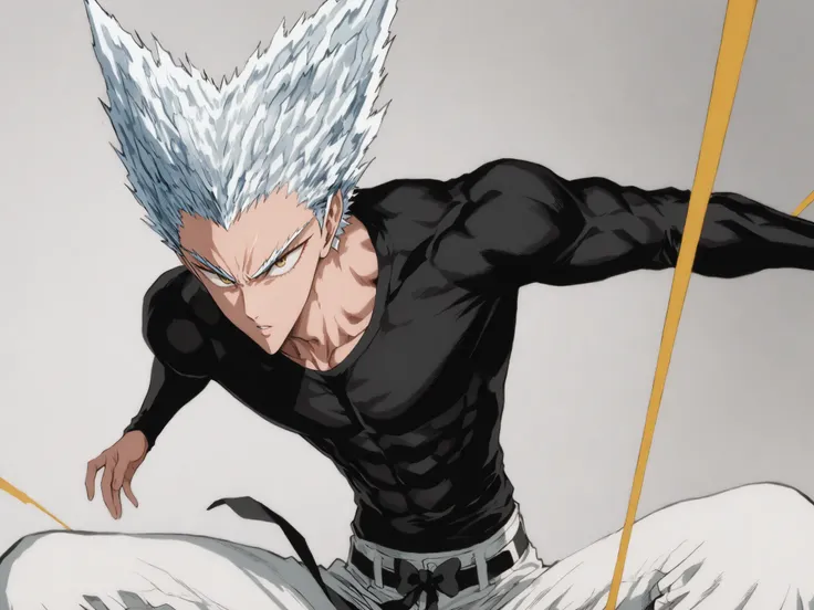 1 person, man[One Punch Man Garou]., Black Little Bow Seamless Ballet Flats., White jogger pants., A thick yellow string tied roughly forwards around the waist., Black long sleeve t-shirt that sticks., yellow eyes., neat white hair, subtle color shifts in ...