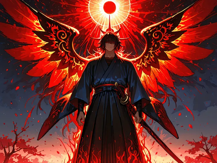 ((detailing)),(Masterpiece, best quality, ultra detailed illustration), cinematic, dynamic composition. Sasaki Kojirō facing directly toward viewer, his face visible with confident expression. He wears magnificent traditional samurai attire — dark blue kim...