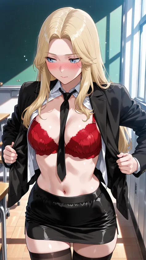 (masterpiece, very aesthetic, absurdres, expressive, perfect face, cartoon style, solo,)  
(classroom background:0.9),
(sexy girl with long blonde hair, blue eyes and medium breasts:1.0), (wearing open white shirt, black jacket, black necktie, black minisk...