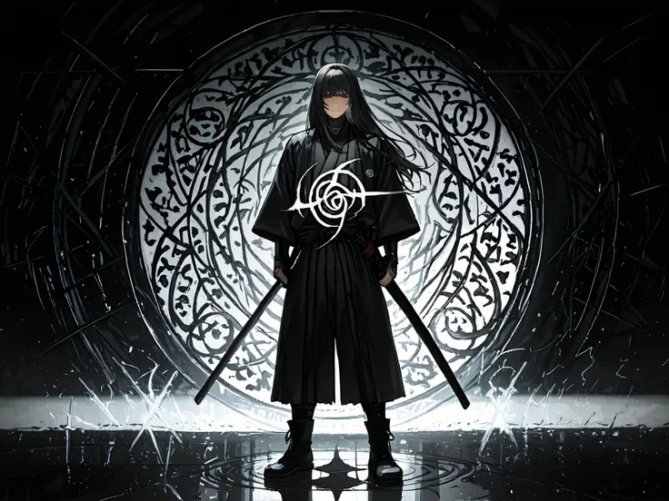 ((detailing)),(Masterpiece, best quality, ultra detailed illustration), cinematic. Miyamoto Musashi facing TOWARD VIEWER, wise eyes looking straight at the observer. His long hair is not tied, obscuring his face. He stands in a balanced Niten Ichi-ryu sta...