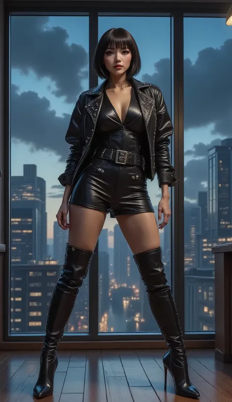 Sexy policewoman in uniform, wearing leather pants, short black hair and large breasts, XXL, HDR, 8K, black studded wide-shouldered leather jacket, wide belt, high heels, knee-high leather boots with high stiletto heels. She stands with her legs apart in t...
