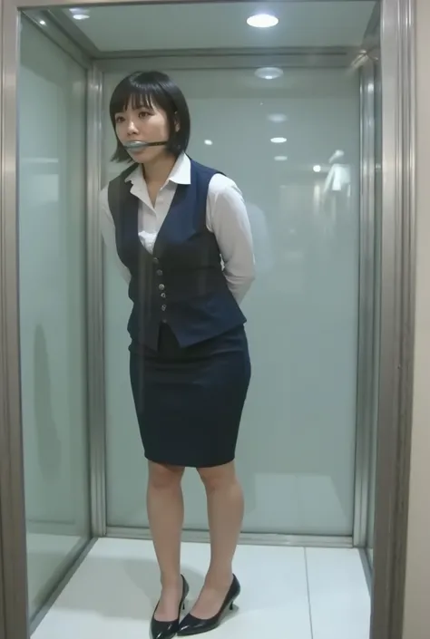 ,(bondage),(tape bound breasts),(tape bound arms),(1girl,japanese,she is kaho,夏帆,bobcut,black hair),(gagged with large b4llg4g in her mouth with rivets and leather strap),(very slender physique),(silver tape gag,covered her mouth),(Trapped inside a glass b...