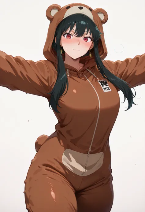 score_9, score_8_up, score_7_up, score_6_up, score_5_up, score_4_up, masterpiece, high quality, yor briar, black hair, red eyes, earrings,, long hair, sidelocks, medium breasts, shiny skin, shiny hair, shiny body, clear body, medium breasts, nose blush, sw...