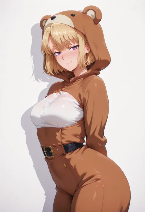 masterpiece, best quality, amazing quality, 1girl, solo, looking at viewer, blushing,, mature girl,side view, light smile, seductive, short hair, blonde hair, purple eyes, , ,medium breasts, seductive twist, exaggerated voluptuous figure with impossibly, d...