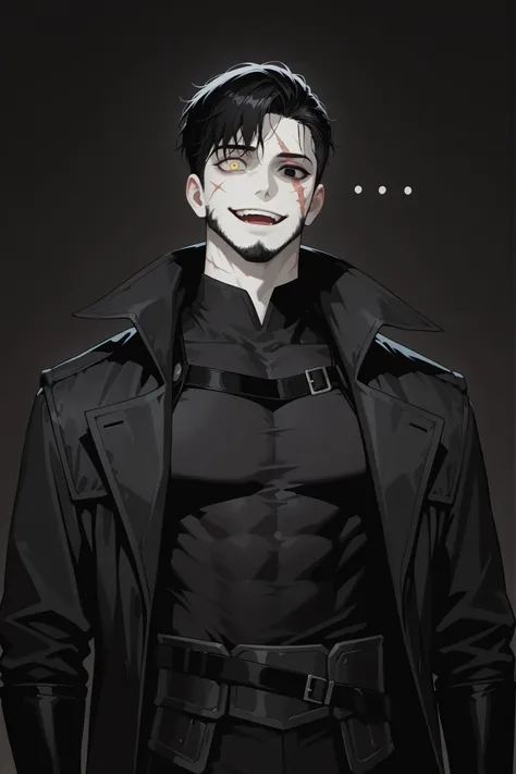 solo, 1boy, dnd, mature male, pale skin, black hair, short messy haircut with shaved temples, heterochromia, one yellow eye, one black eye with a white dot, muscular body, crazy, a scar taking half of his face, scars, cut beard, crazy wide smile, detailed ...