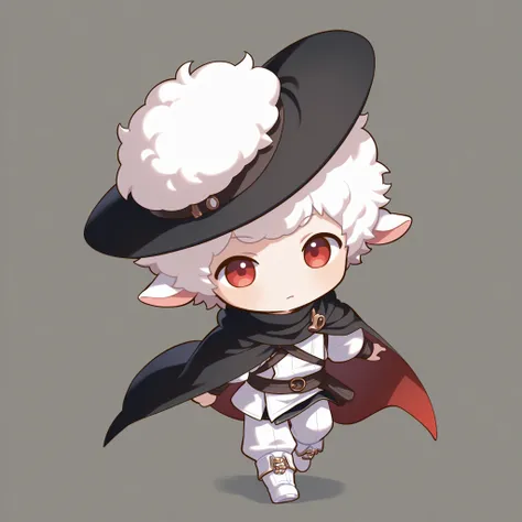 deformed、cute、solo、 Boy、Only sheep、Sheep only、Sheep man、Red Eyes、2-speed walking sheep、top and bottom fantasy clothes、wrap your body with a black cloak、A big black hat on your head、white afro 、white clothes、white boots、