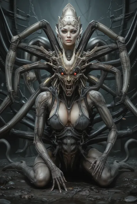 "realistic seductive spider queen, female humanoid upper body fused with monstrous spider legs, dark chitin armor, bioluminescent red eyes, multiple eyes on forehead, pearl white and golden and crimson tones, highly detailed organic textures, seductive exp...
