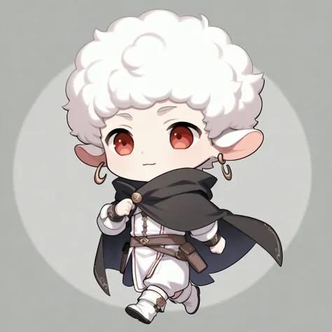 deformed、cute、solo、 Boy、Only sheep、Sheep only、Sheep man、Red Eyes、2-speed walking sheep、top and bottom fantasy clothes、wrap your body with a black cloak、white afro 、white clothes、white boots、2 large circle earrings in the right ear、