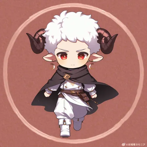 deformed、cute、solo、 Boy、Only sheep、Sheep only、Sheep man、Red Eyes、2-speed walking sheep、top and bottom fantasy clothes、wrap your body with a black cloak、white afro 、white clothes、white boots、2 large circle earrings in the right ear、Ram's horn、