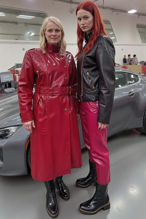 a wide angle image of a 54 year old extremely obese plus-size woman pound woman wearing a red and pink GothTrench with a black belt, the woman stands next to a 38 year old woman that is tall and thin with long red hair, the 38 year old wears a black red an...