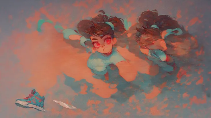 a_ey, missing tooth, 1girl, brown hair, bangs, ponytails, high ponytail, elastic band, | drill hair, small breasts, red eyes, | longsleeve, pants, sneakers, | knife,